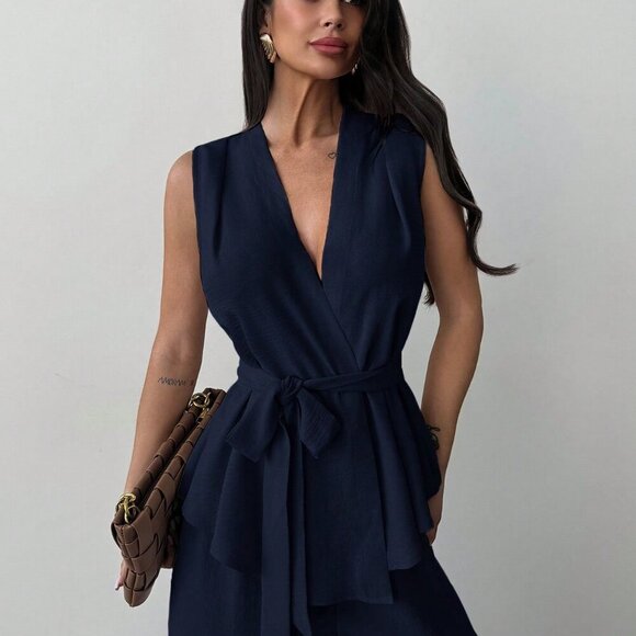 navy blue Elegant Women's Surplice Sleeveless Belted Blouse & Wide leg Pant Set - Picture 6 of 7